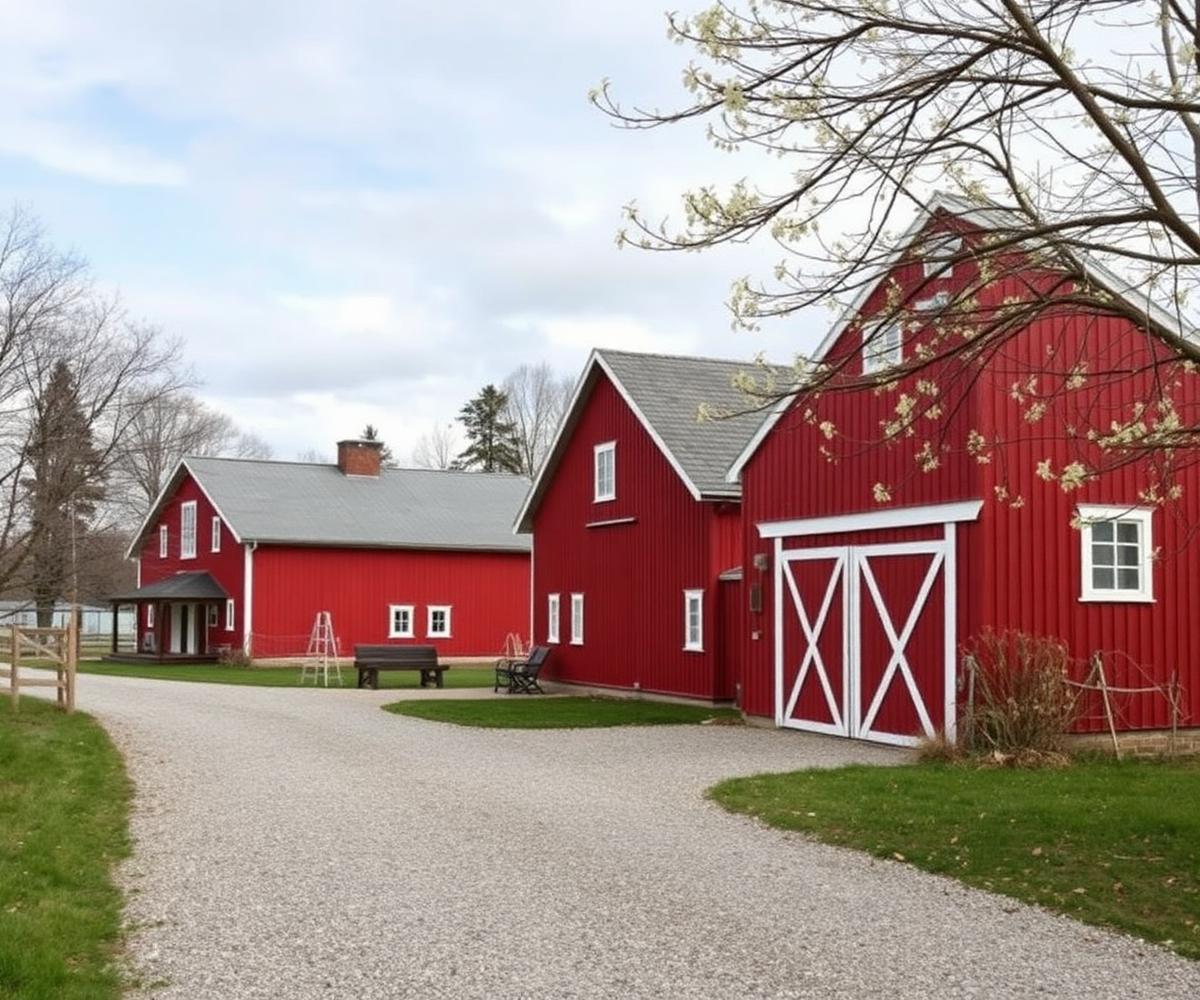 Svensk gård med röd ladugård och bostadshus
