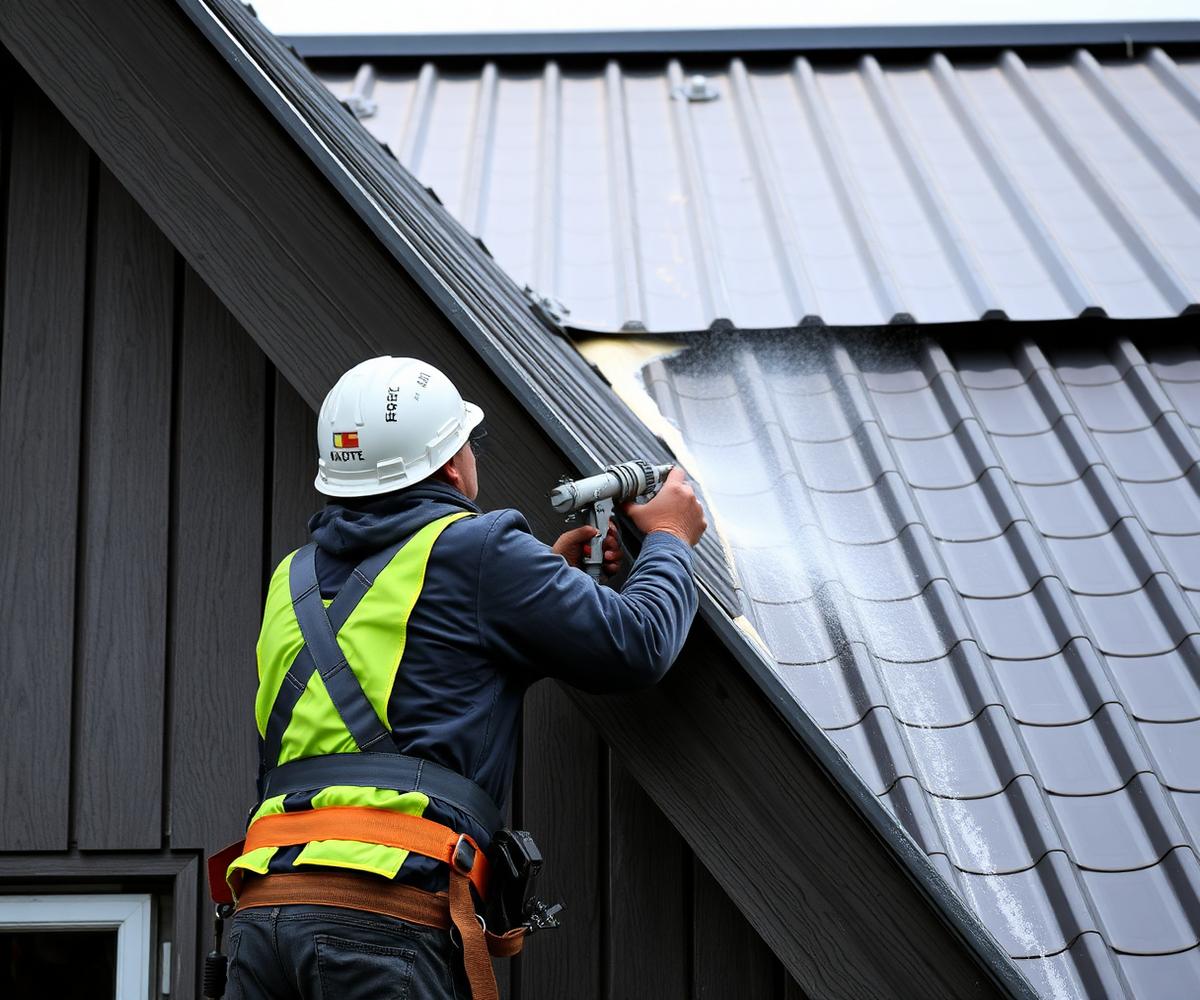 Hantverkare målar plåttak på svenskt hus