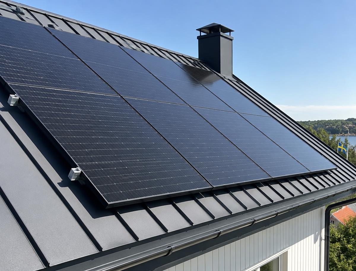 Solpaneler på mörkt falsat plåttak