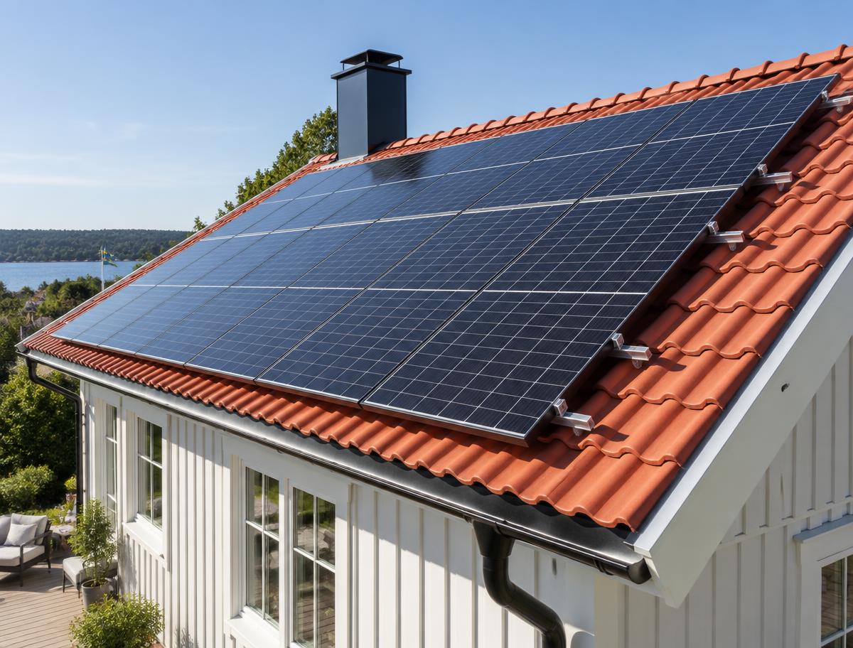 Solpaneler monterade på rött tegeltak